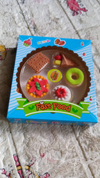 Packaging of the 5-piece 3D fast food erasers set, ready for gifting.