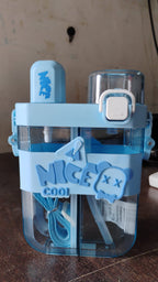 Kids water bottle with straw and shoulder strap hanging, ready for adventure.