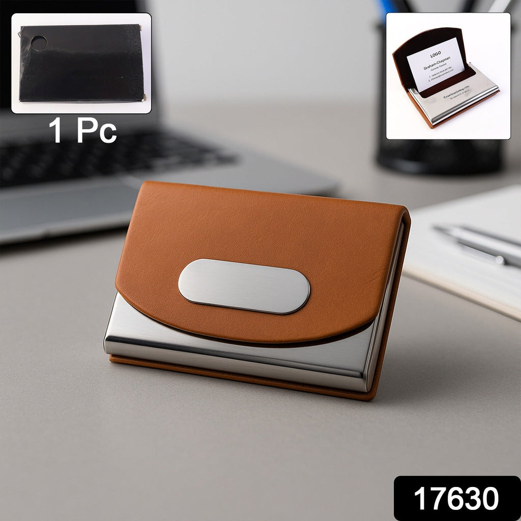 Business card holder with secure magnetic flap closure in brown leather