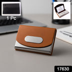 Business card holder with secure magnetic flap closure in brown leather