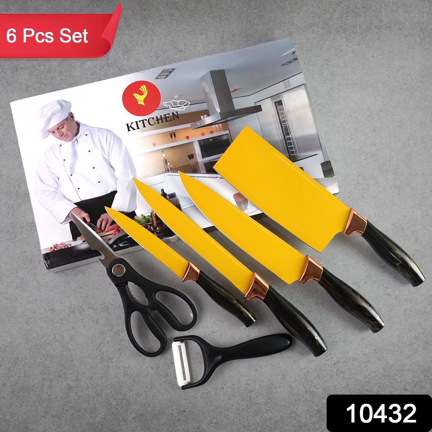 Six-piece kitchen knife set including cleaver, chef knife, peeler and scissors