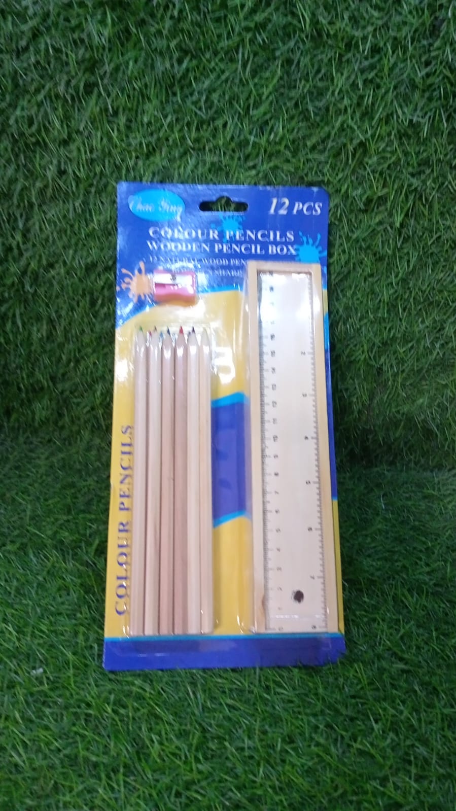 The attractive packaging for the 12-piece colorful wooden pencil set, ready for gifting.