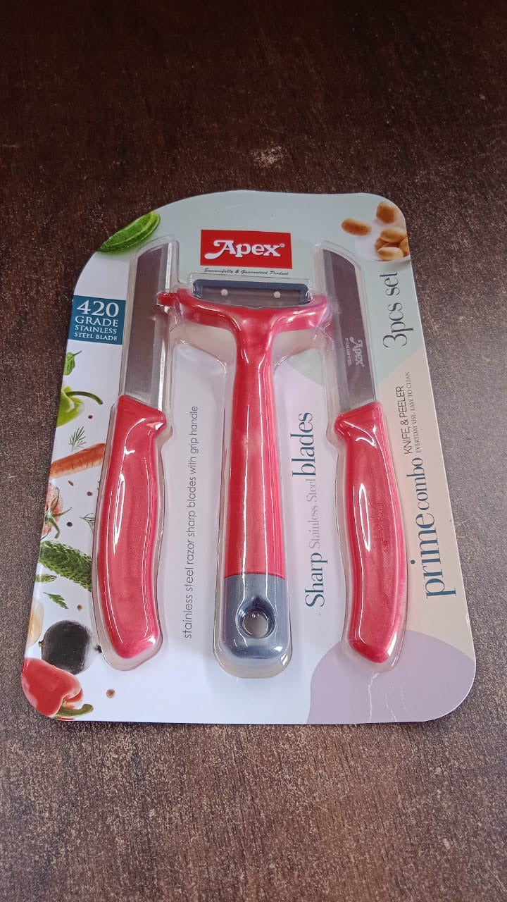 Close-up of ergonomic handles and sharp blades on Apex 3-piece kitchen knife and peeler set