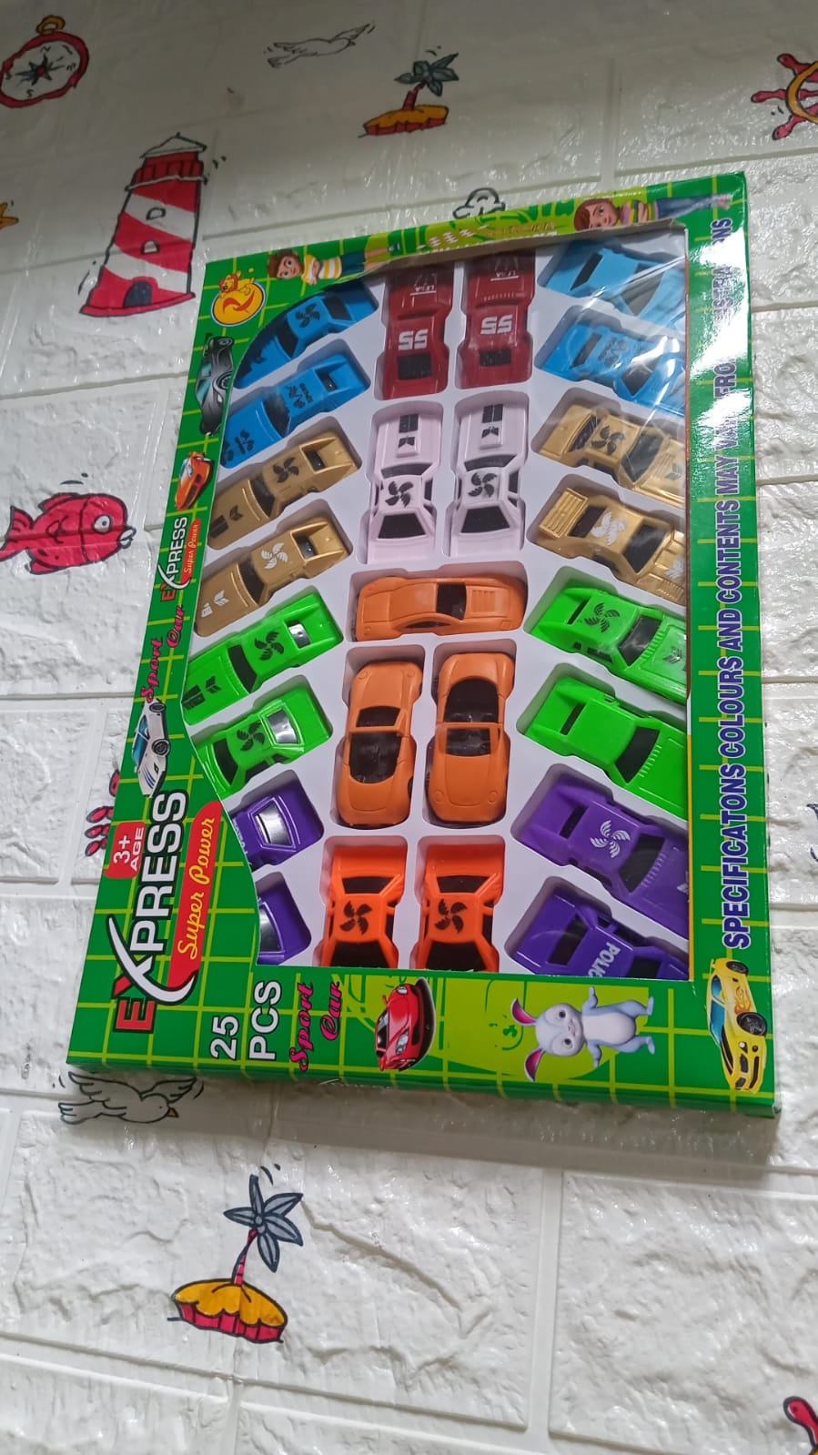 Complete 25-piece toy car set in packaging, ideal for gifting to young children.