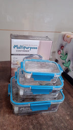 Vertical view of multipurpose plastic food storage containers set with lids