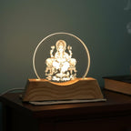 Front angle showing Lord Ganesha engraved acrylic LED table lamp