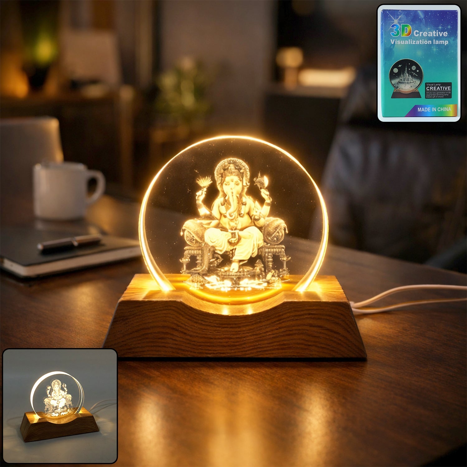 3D Lord Ganesha LED Night Lamp with wooden base glowing smoothly