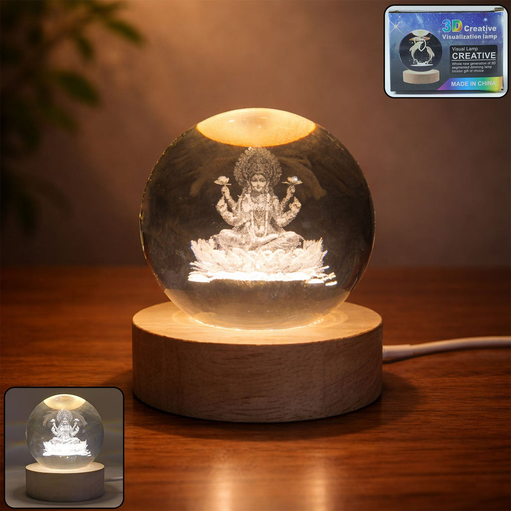 3D crystal Lakshmi ball LED night lamp with wooden base on table