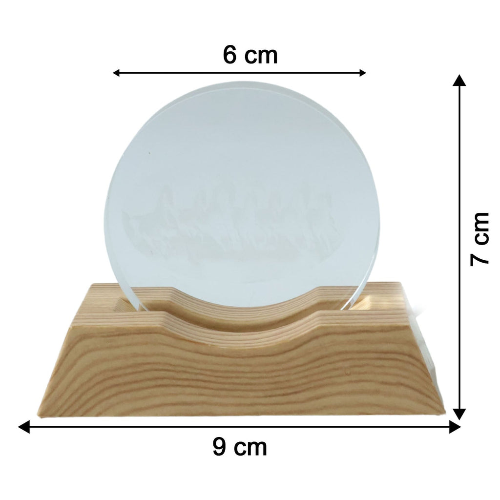 Size reference image of 3D crystal LED night table lamp with wooden base