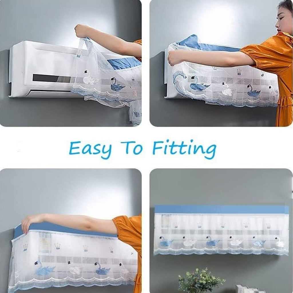 Stylish patterned AC cover draped over a wall-mounted indoor split air conditioner.