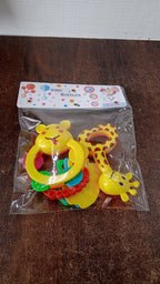 Three colorful baby toys in animal shapes designed for teething comfort