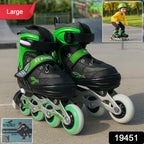 Close-up of adjustable inline skating shoes with safety straps and PU wheels