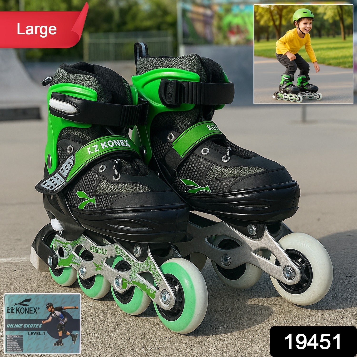 Close-up of adjustable inline skating shoes with safety straps and PU wheels