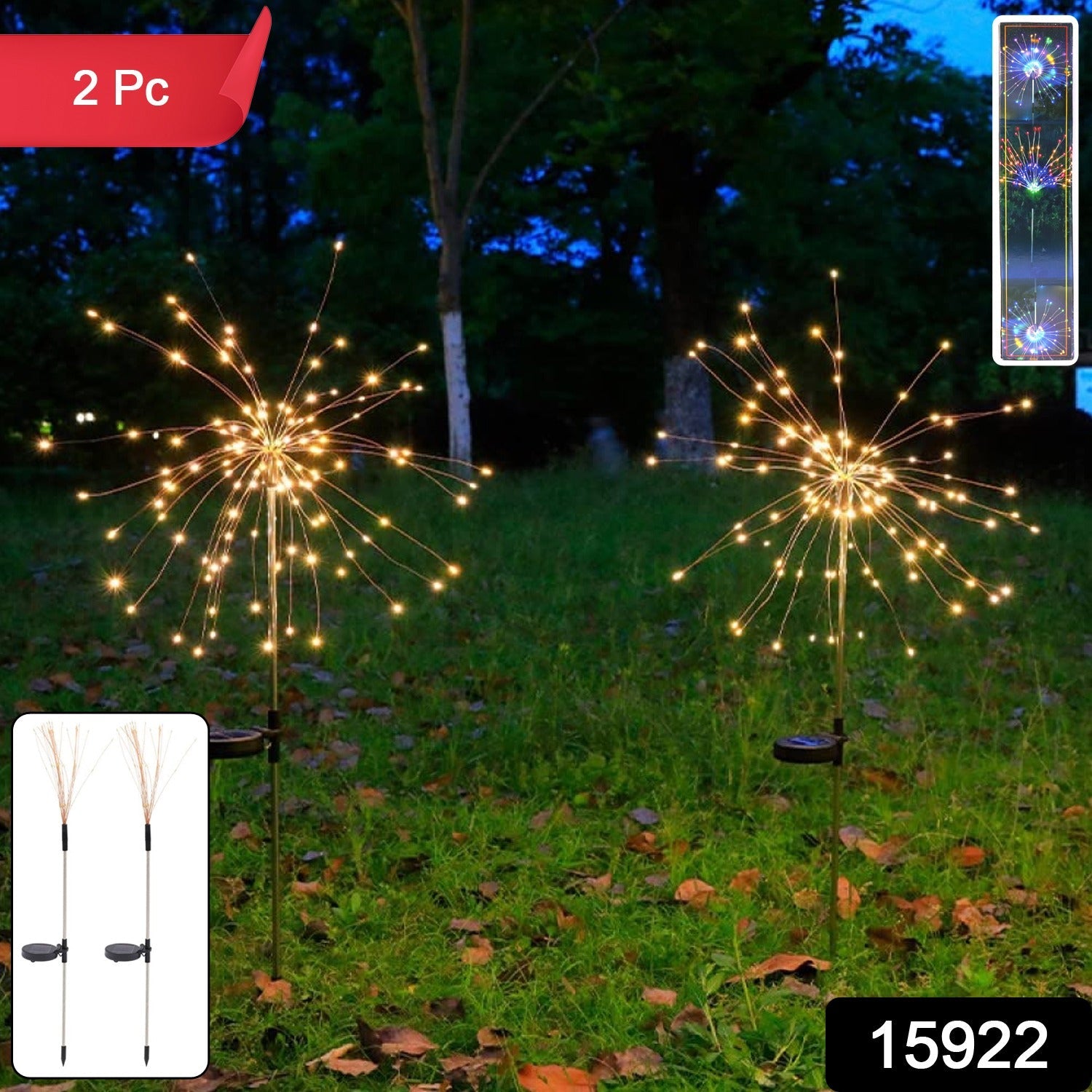 Close-up of solar starburst firework garden light showing 60 warm white LEDs