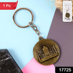 Close-up of Taj Mahal motif on antique brass keychain