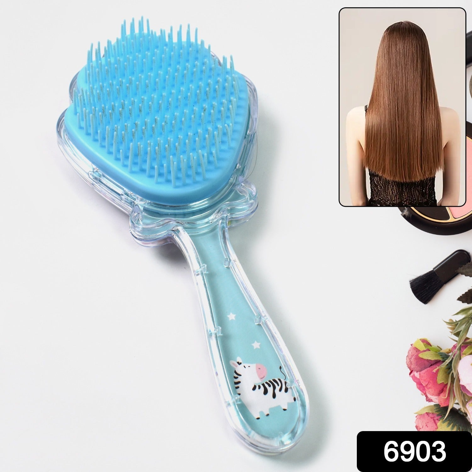 Ergonomic kids' detangling hair brush shown from the side, highlighting its soft bristles for wet or dry hair.