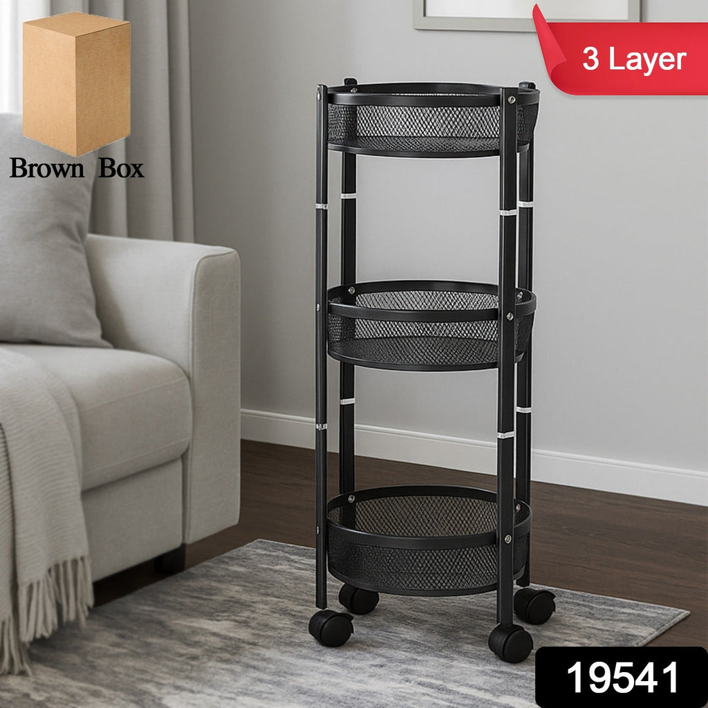3-tier round metal mesh utility storage cart with caster wheels