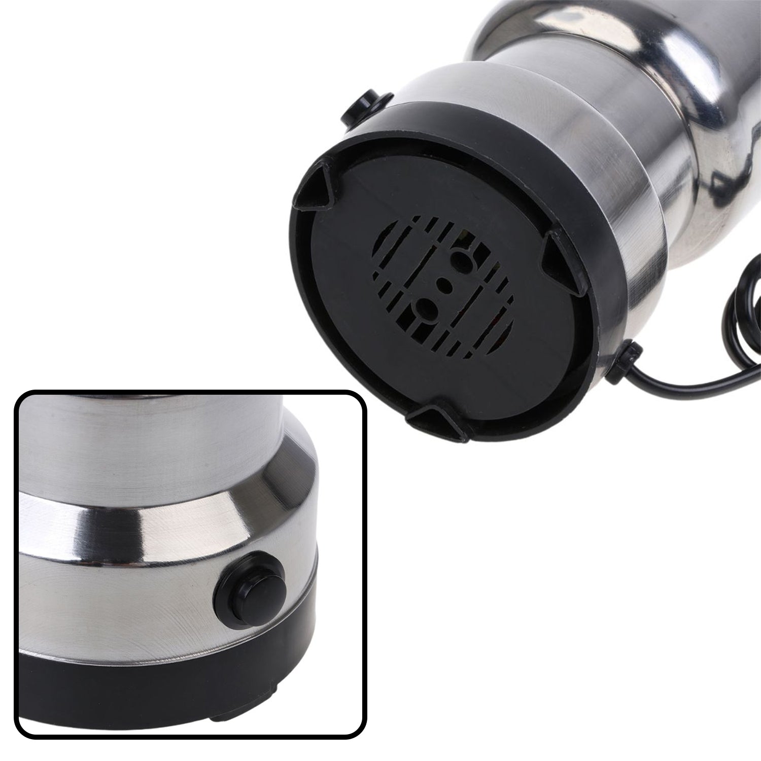 Side view of the ChefAura mini stainless steel grinder, showcasing its compact design.