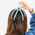 User demonstrating the stress relief scalp massager in action on their head.