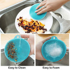 Multiple colorful silicone scrubber sponges for dishes, demonstrating their non-stick and quick-drying properties.