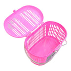 Compact plastic storage basket, great for bathroom essentials or desk organization.