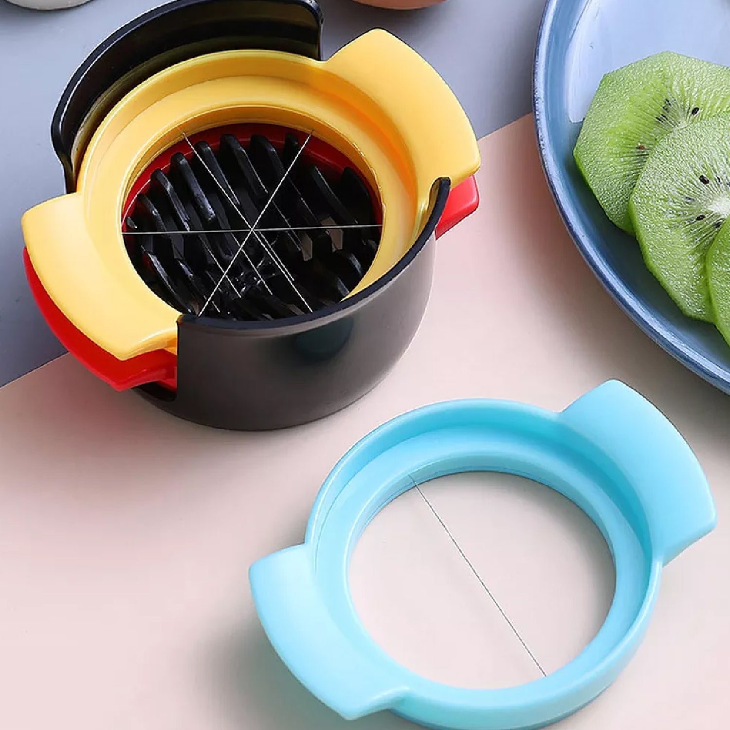 Close-up view of the durable, thickened stainless steel wires on the food cutter.