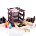 Lifestyle shot of the multi-layered makeup organizer on a dresser.
