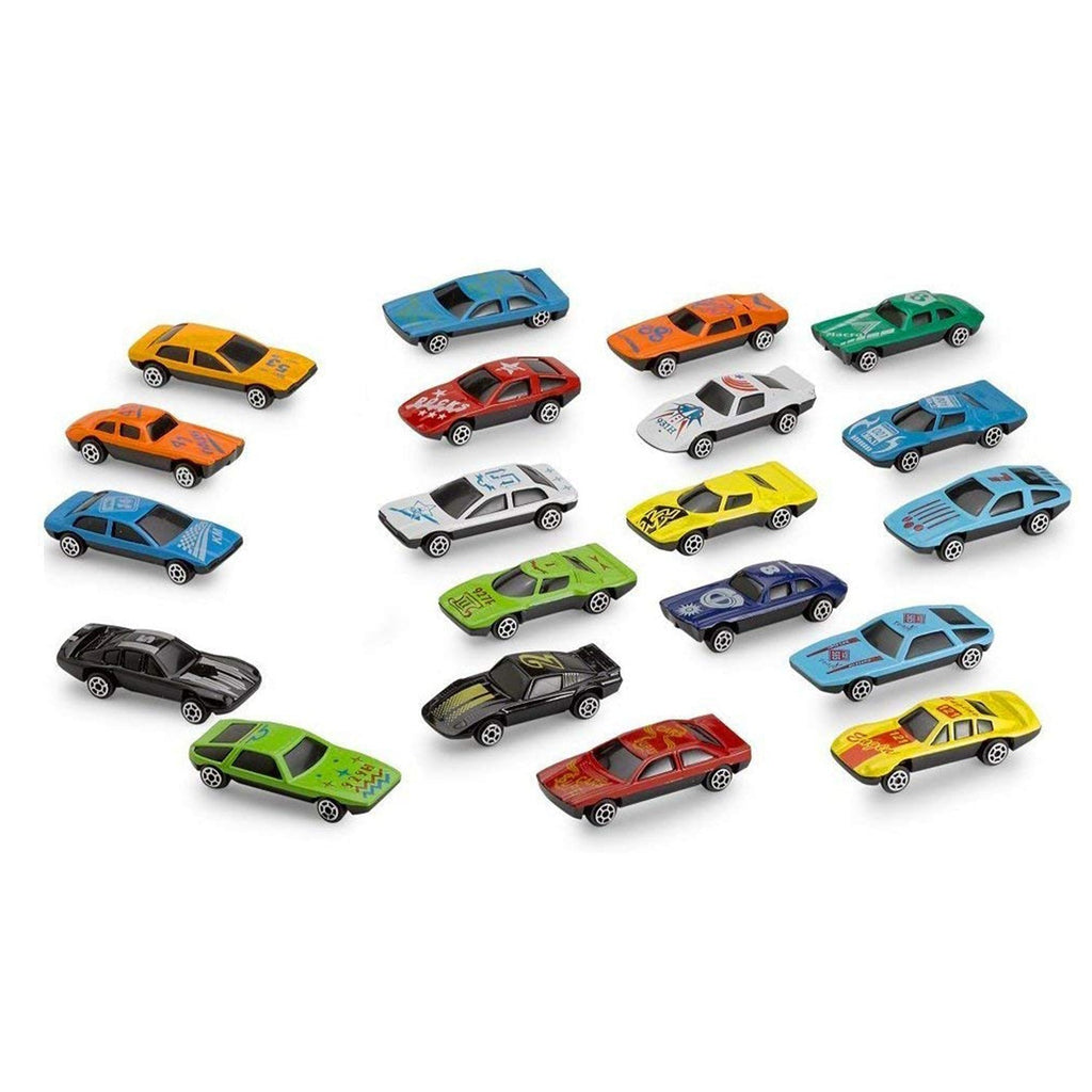 Overhead view of the 25-piece toy car set, showcasing various multi-color designs.