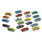 Overhead view of the 25-piece toy car set, showcasing various multi-color designs.