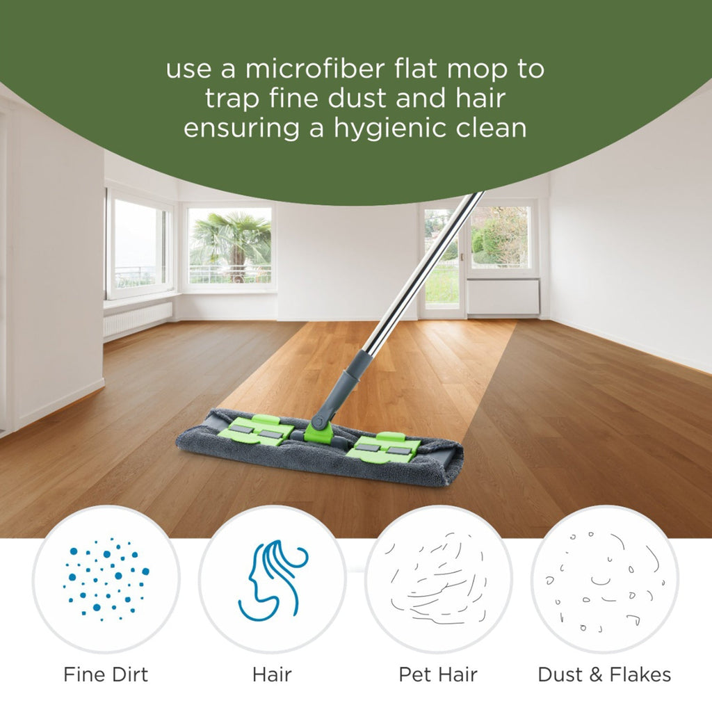 Ganesh multipurpose microfiber flat mop, showing its ease of use for both wet and dry applications.