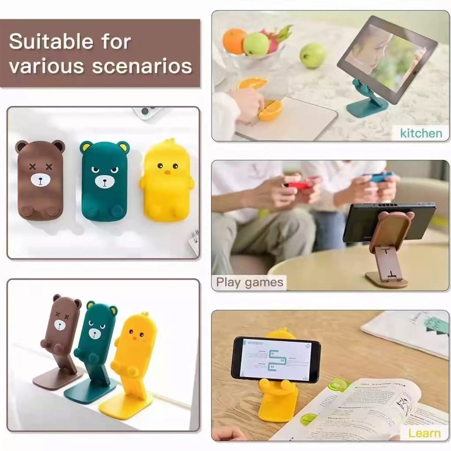 Top-down view of the multi-angle adjustable mobile stand with a fun cartoon character.