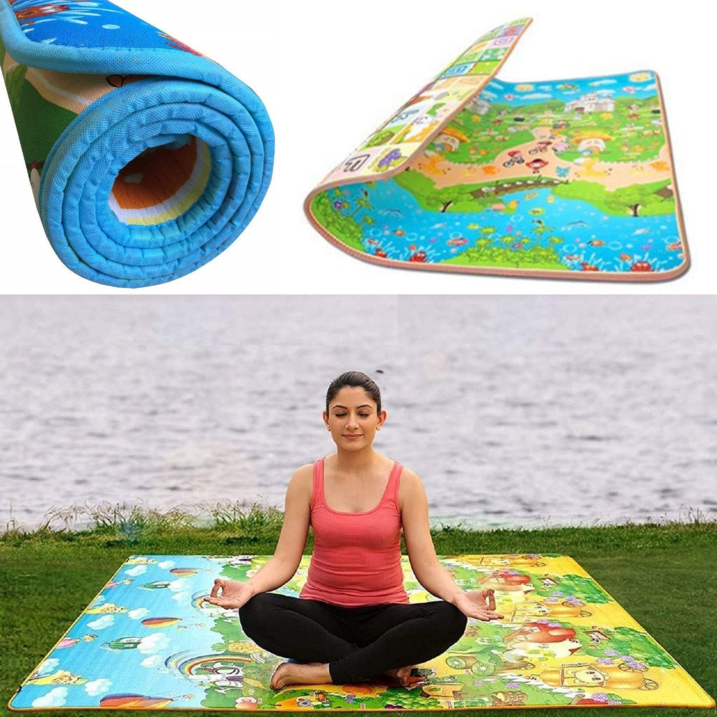 A child playing happily on the soft, cushioned surface of the baby play mat.