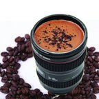 Side view of the camera lens coffee mug showcasing its textured grip and lid.