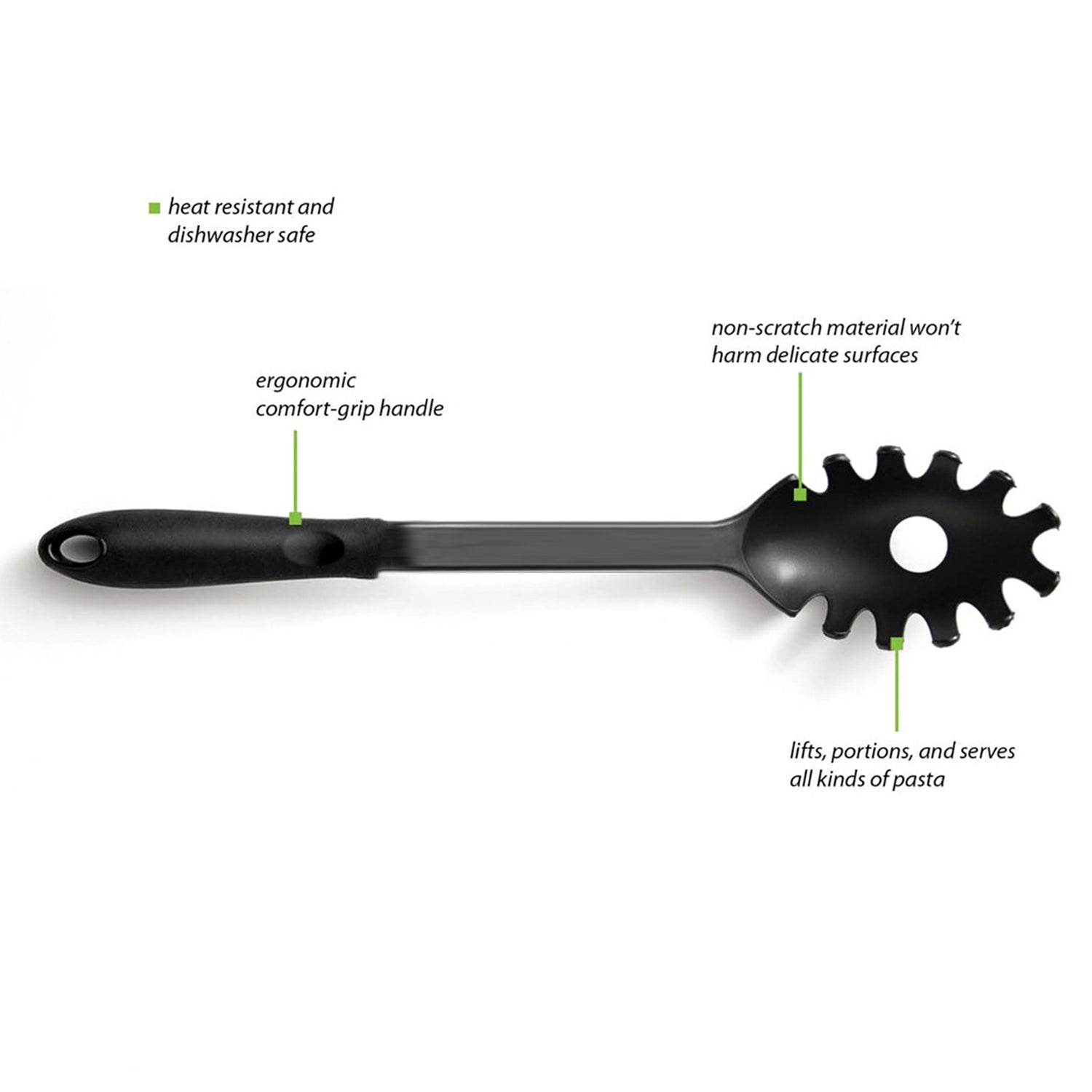 Studio shot of a black heat-resistant pasta server, highlighting its durable nylon construction.