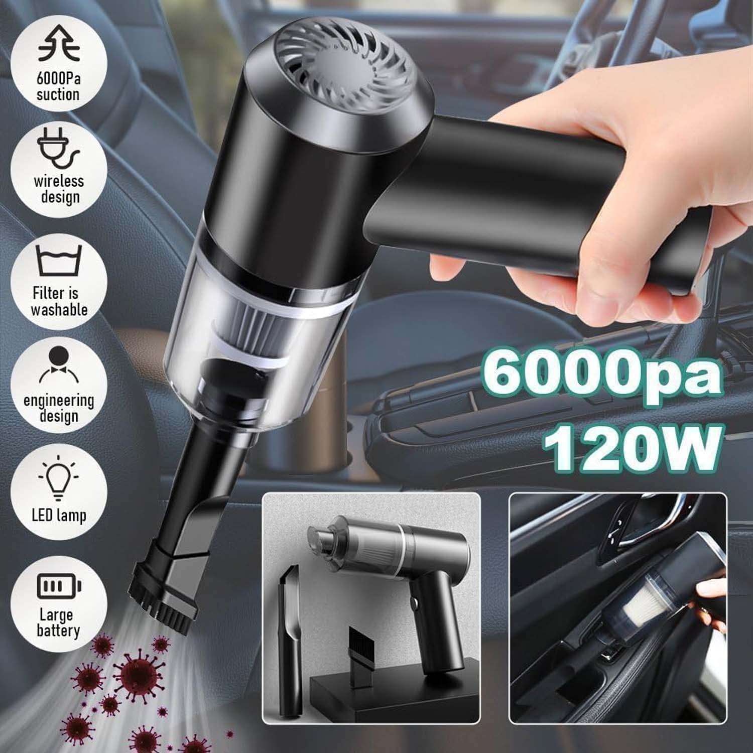 Final angle showing the complete 3-in-1 Mini Car Vacuum kit.