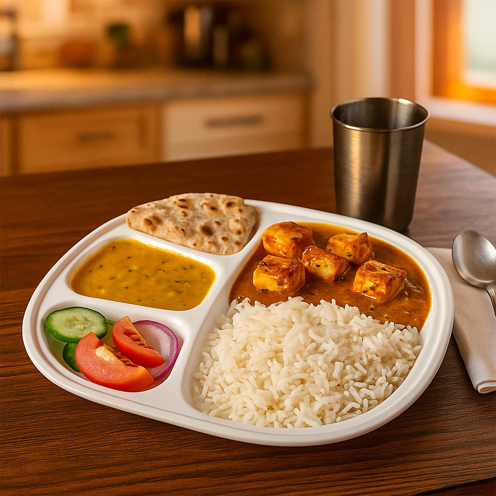 Plain view of plastic dinner plate with 4 compartments