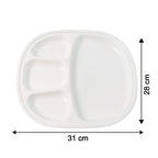 Dinner plate showing size dimensions 31x28 cm in white plastic