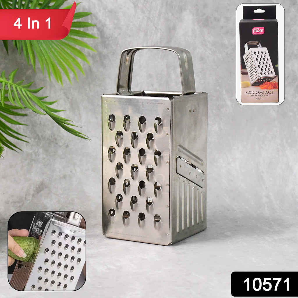 Angled view of stainless steel 4-in-1 grater and slicer with ergonomic handle