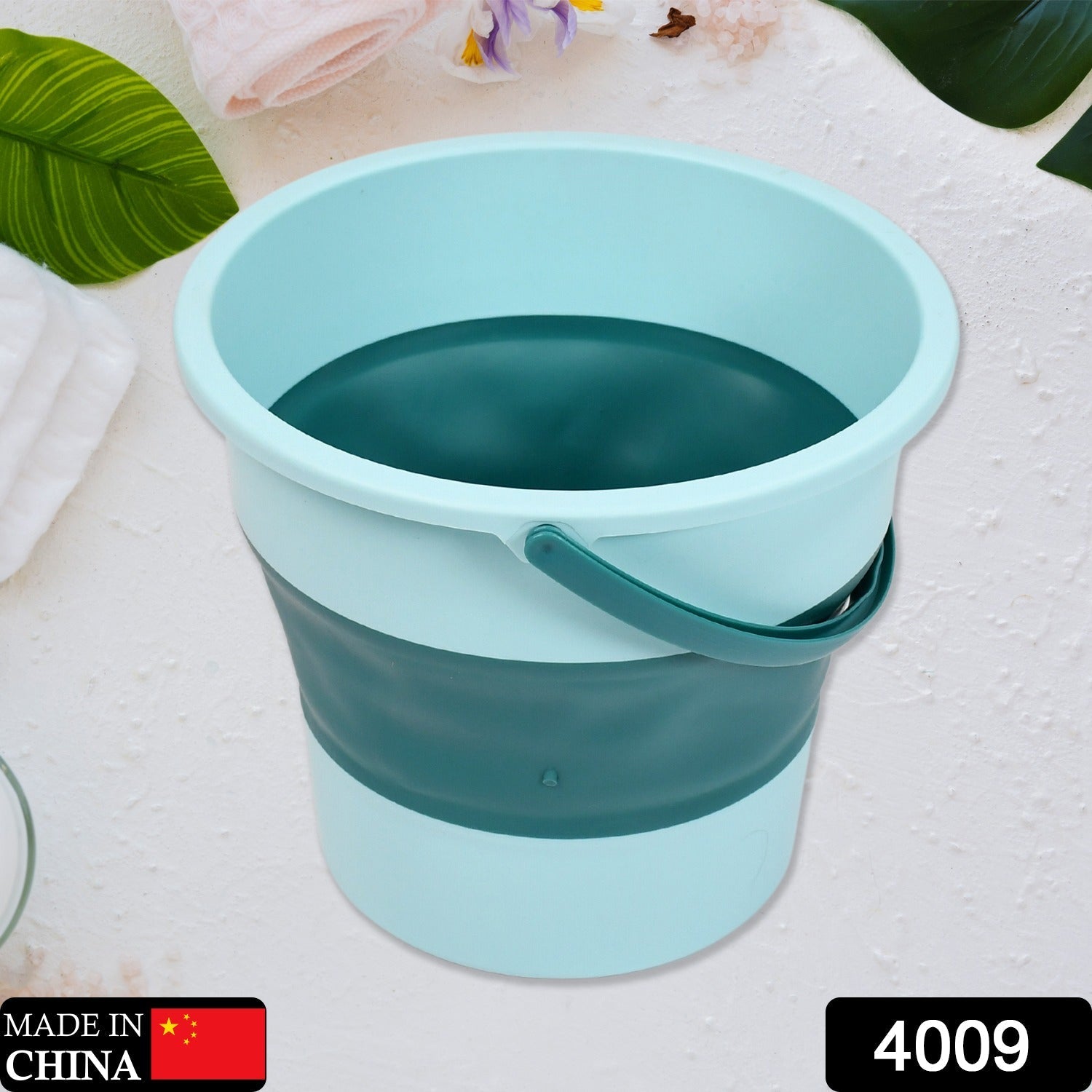 A blue foldable water bucket from Papezo, showcasing its high capacity when open.