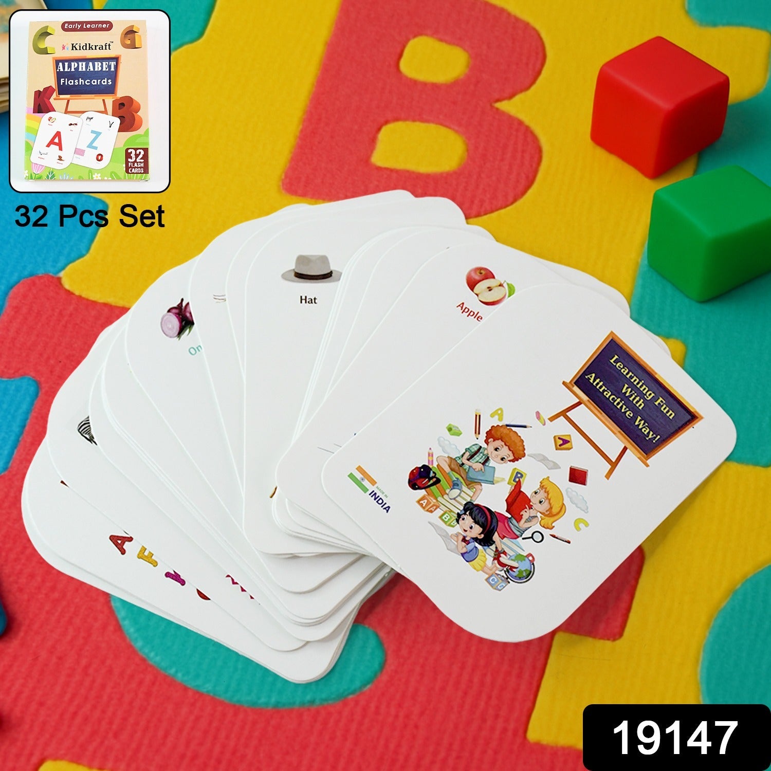 Flash cards designed for preschool kids featuring alphabet letters and objects