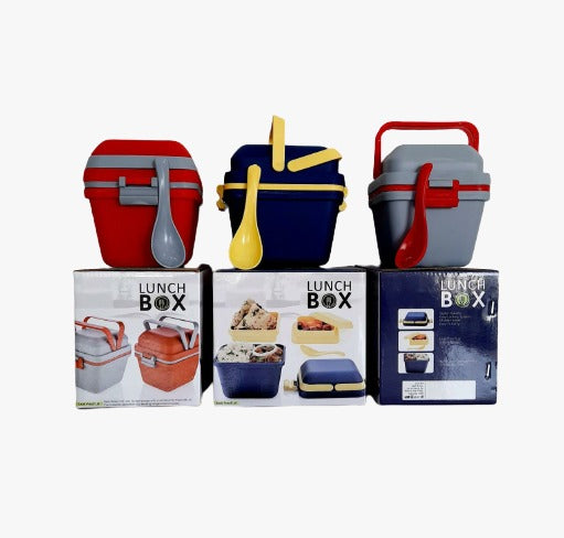 Leak-proof lunch box demonstrating its secure push lock and comfortable carry handle.