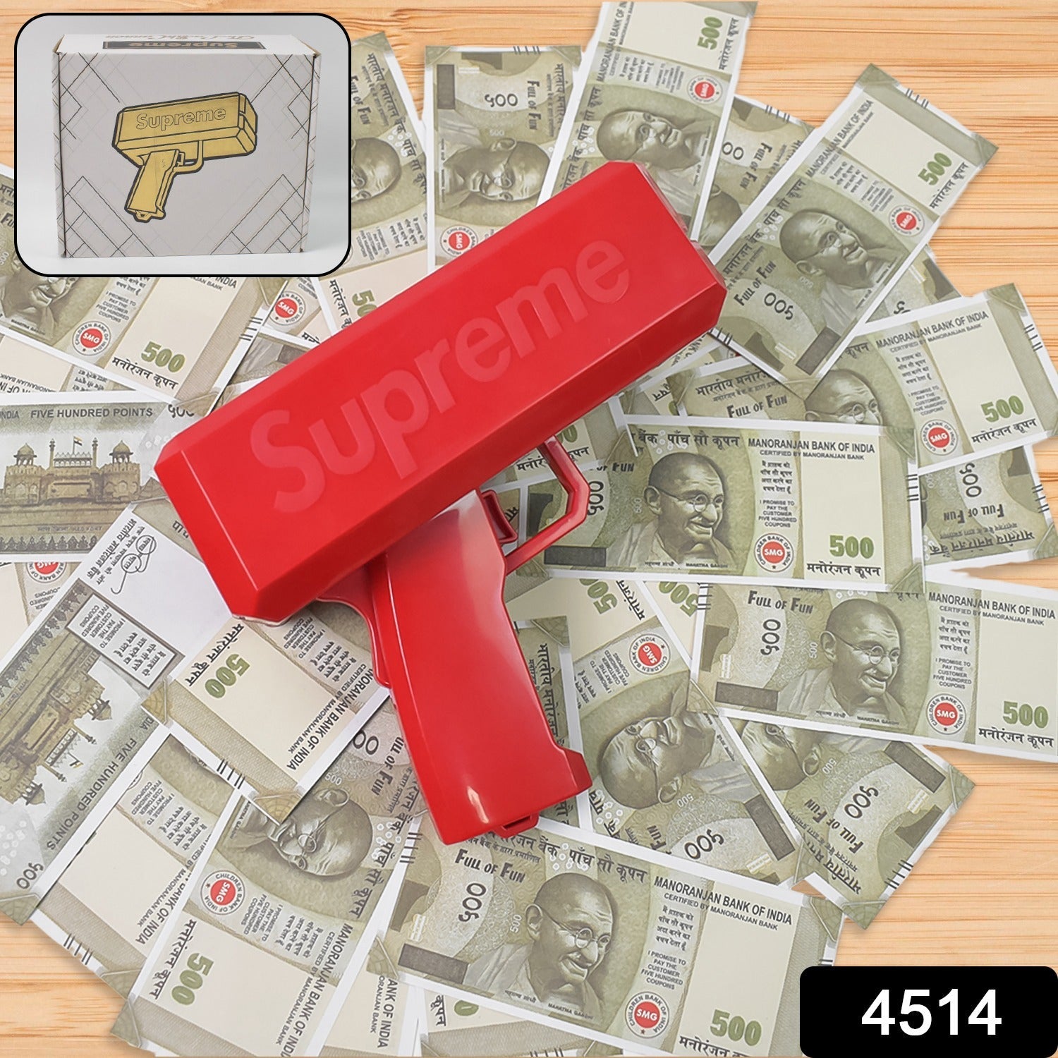 Hand holding a party money gun, ready to activate.