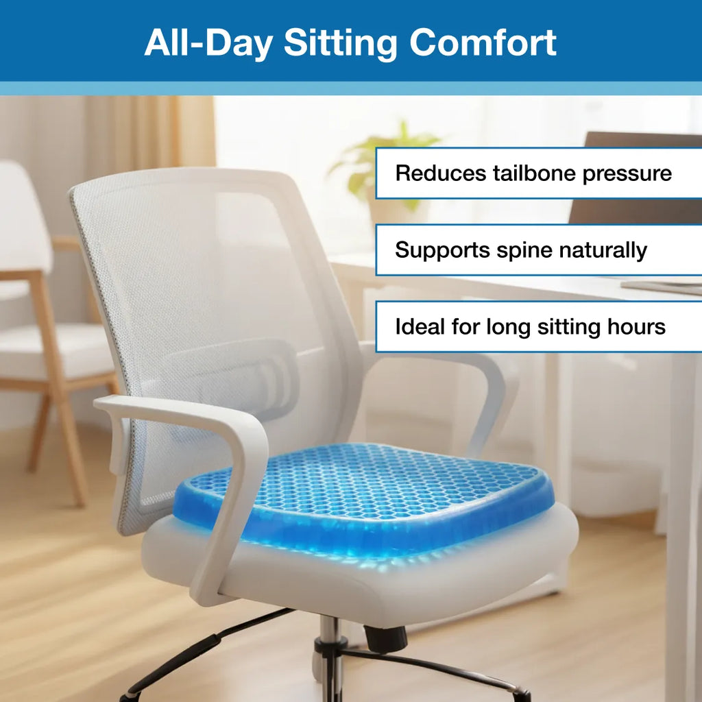 Orthopedic Seat Cushion with flex-grip honeycomb design for pressure relief.