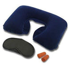 Close-up of the essential ear buds, eye mask, and neck pillow from the travel kit.