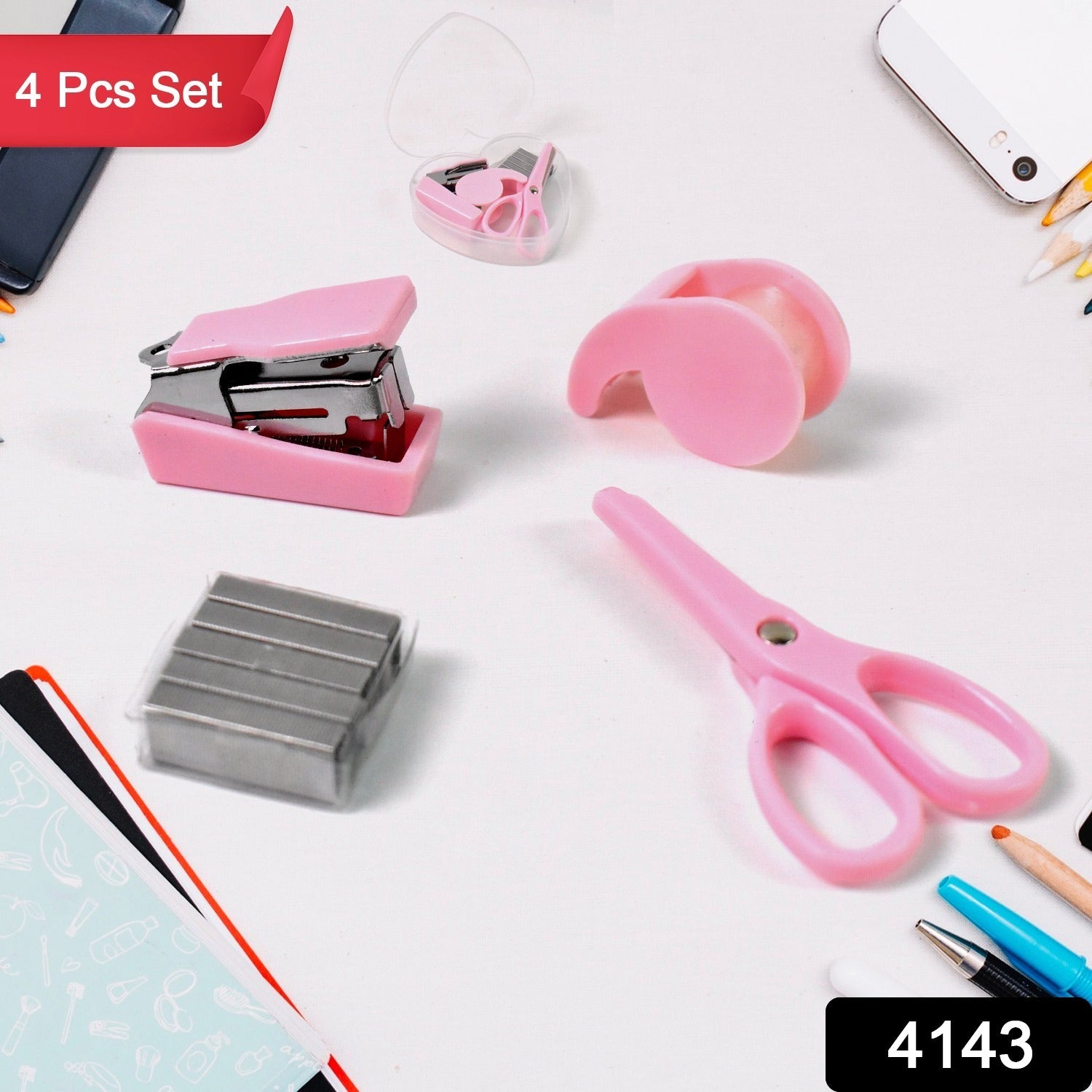 The VoltDesk mini office stationery set displayed neatly inside its transparent storage bottle.