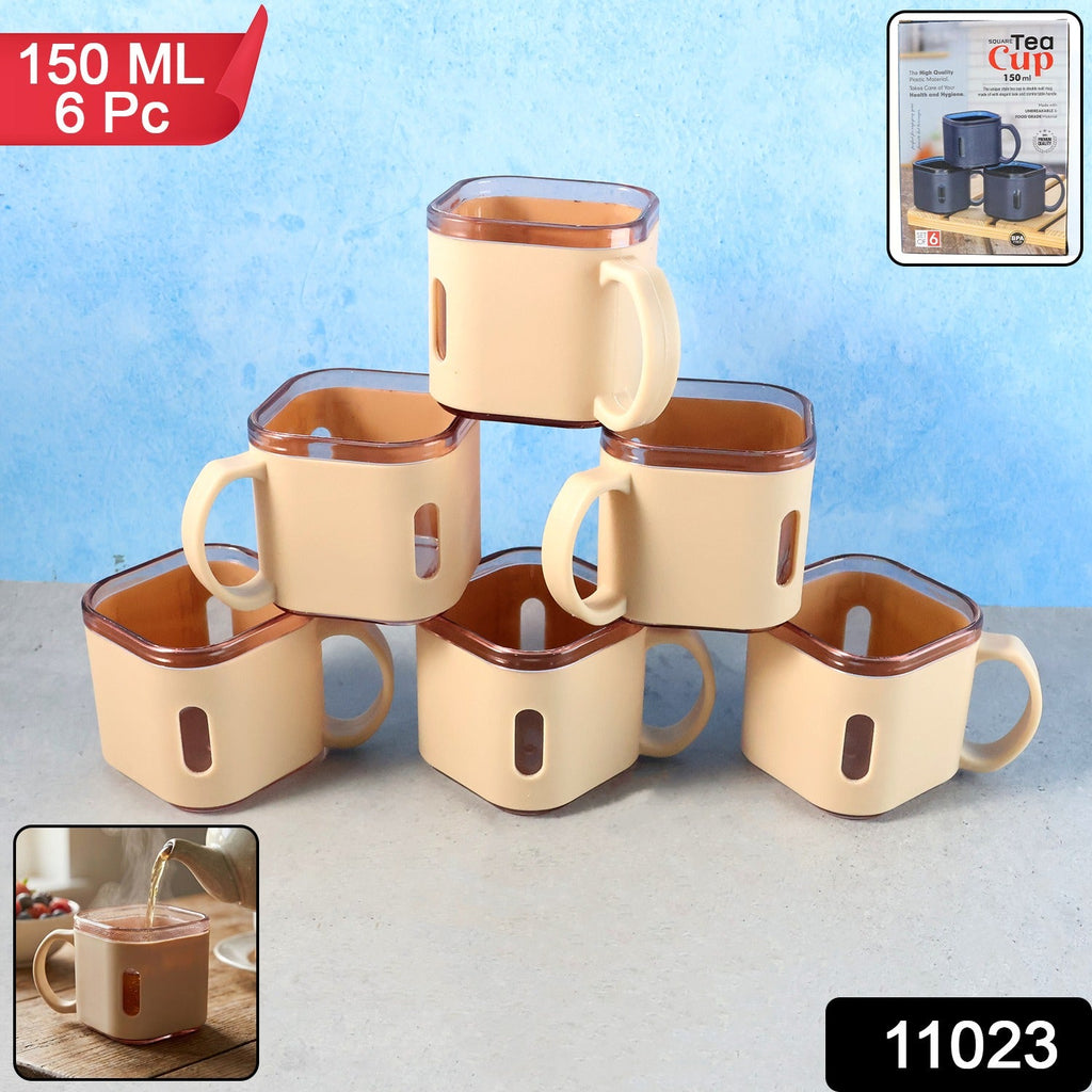 Six square tea cups arranged neatly on a table
