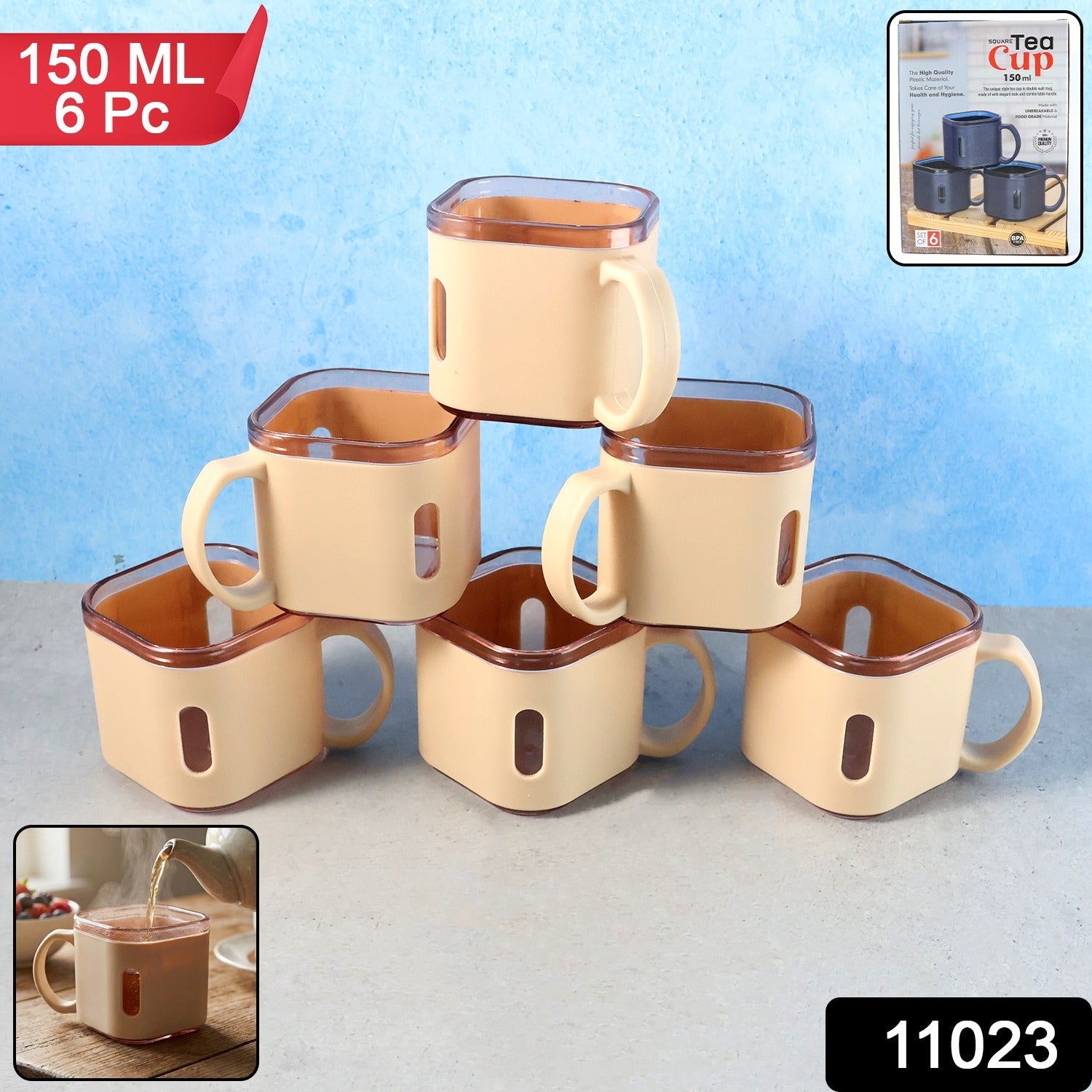 Six square tea cups arranged neatly on a table