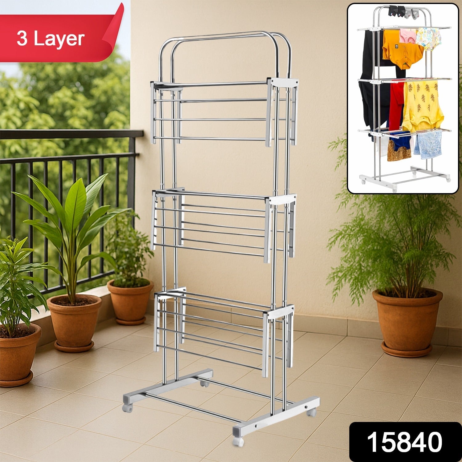 Foldable stainless steel clothes drying stand showing durable construction