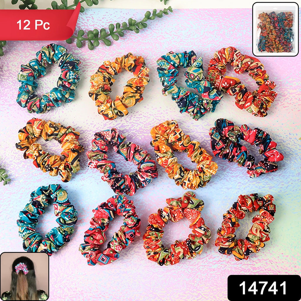 Woman styling hair with colorful printed hair scrunchies