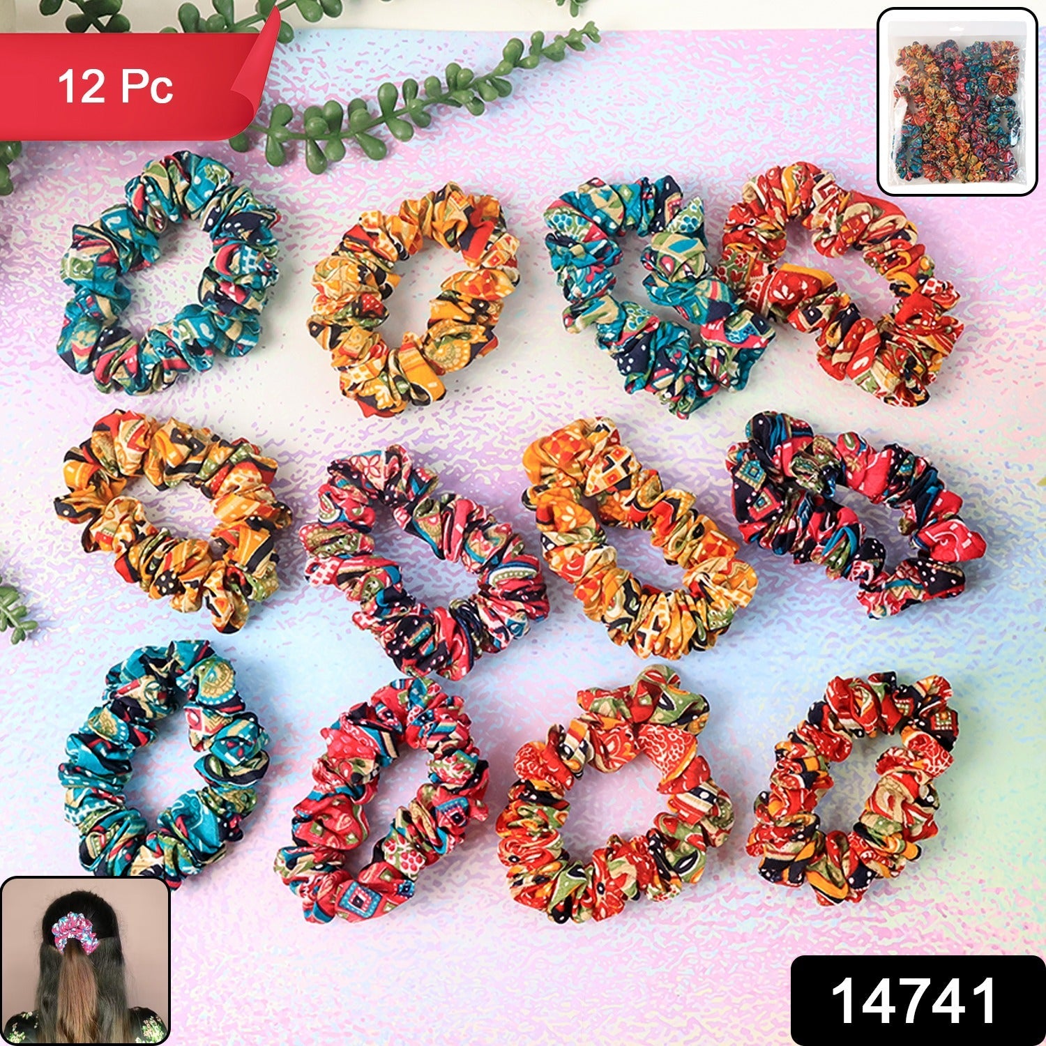 Woman styling hair with colorful printed hair scrunchies